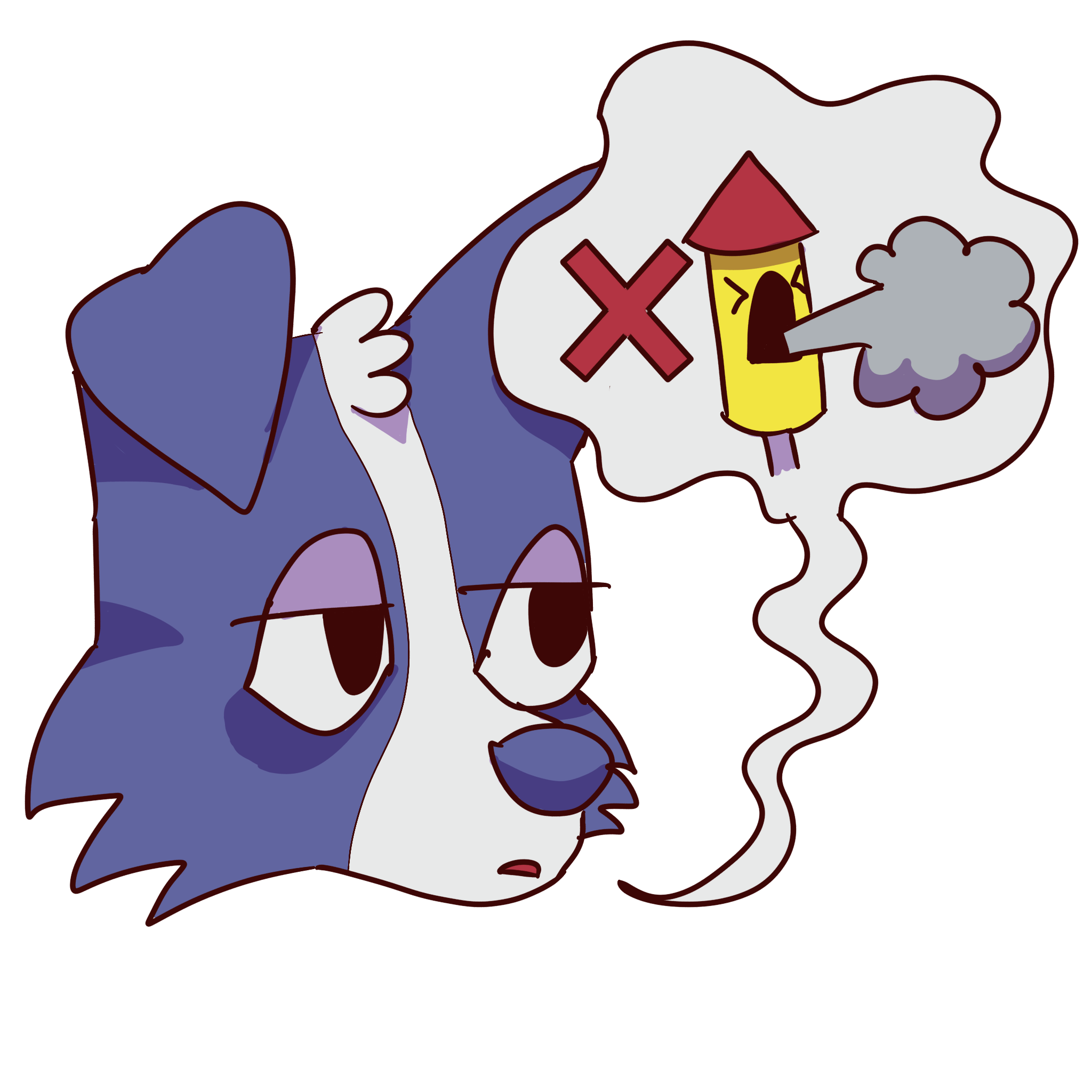 a blue dog looking tired and a speech bubble with a smokestack producing steam with a red x next to it